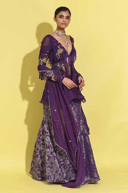 Buy_Rishi and Vibhuti_Purple Organza, Georgette Sequins, Embroidery V-neck Bloom Patchwork Jacket Set 