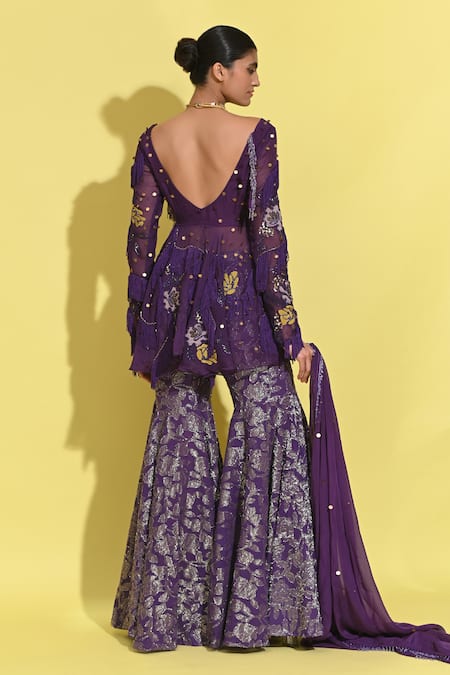 Rishi and Vibhuti Purple Sequin Bloom Patchwork Jacket Set 