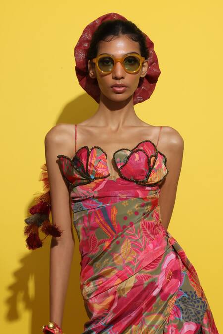 Rishi and Vibhuti Green Crepe Crystals, Embroidery Sweetheart Embellished Asymmetric Draped Dress at Aza Fashions Rishi and Vibhuti_Green Crepe Crystals, Embroidery Sweetheart Embellished Asymmetric Draped Dress _at_Aza_Fashions