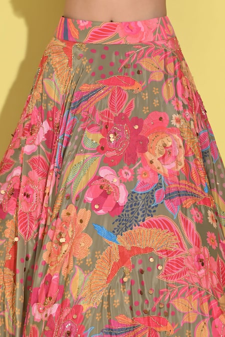 Rishi and Vibhuti_Green Crepe Sequins, Cut Work, Applique Rosette Print Lehenga And Blouse Set _Online_at_Aza_Fashions