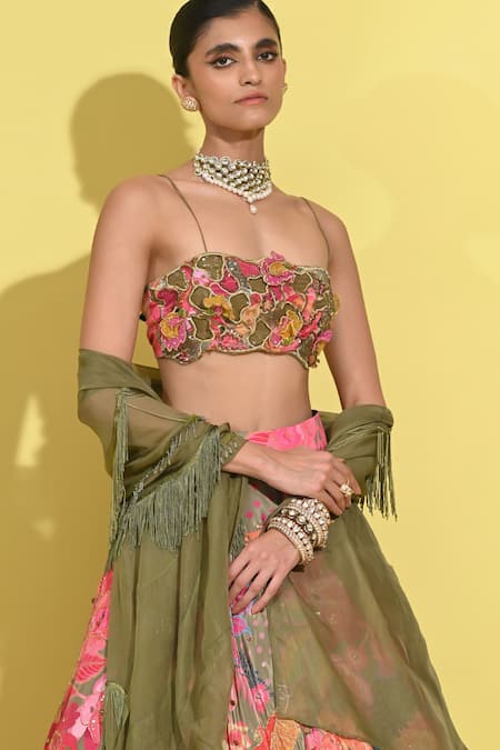 Buy_Rishi and Vibhuti_Green Crepe Sequins, Cut Work, Applique Rosette Print Lehenga And Blouse Set _Online_at_Aza_Fashions