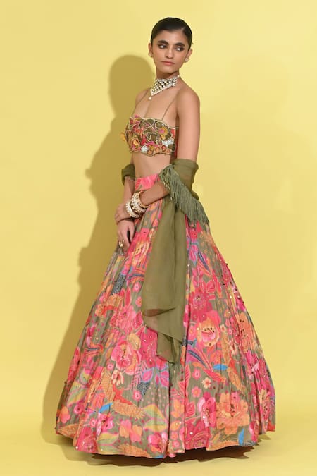 Shop_Rishi and Vibhuti_Green Crepe Sequins, Cut Work, Applique Rosette Print Lehenga And Blouse Set _Online_at_Aza_Fashions