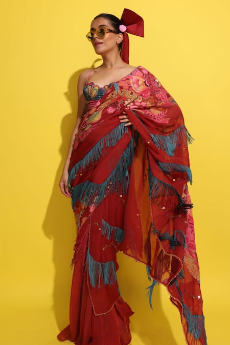 Rishi and Vibhuti Crimson Rosette Embellished Pre-Draped Saree 