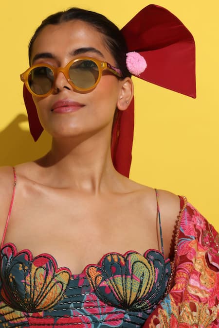 Rishi and Vibhuti_Red Crepe, Organza Sequins, Cut Crimson Rosette Embellished Pre-draped Saree _Online_at_Aza_Fashions