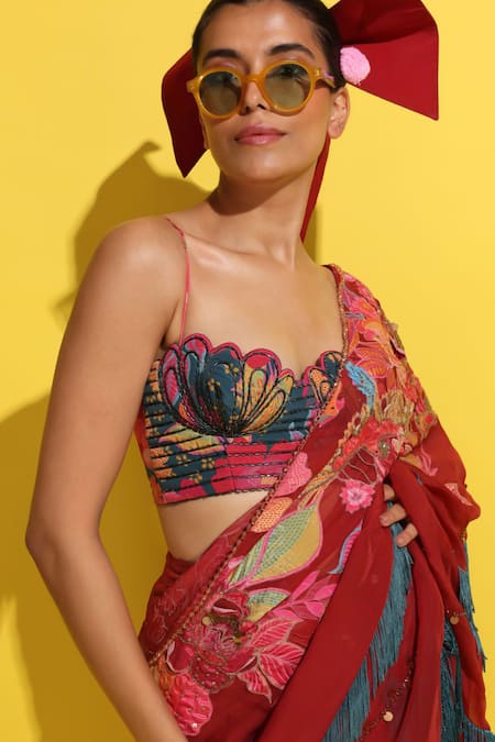 Buy_Rishi and Vibhuti_Red Crepe, Organza Sequins, Cut Crimson Rosette Embellished Pre-draped Saree _Online_at_Aza_Fashions