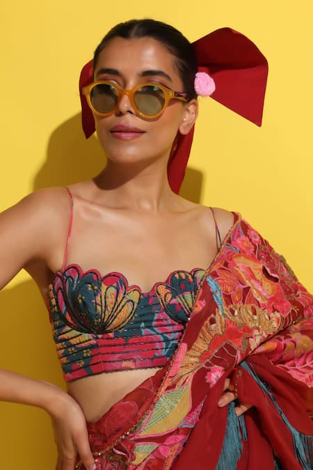 Shop_Rishi and Vibhuti_Red Crepe, Organza Sequins, Cut Crimson Rosette Embellished Pre-draped Saree _Online_at_Aza_Fashions