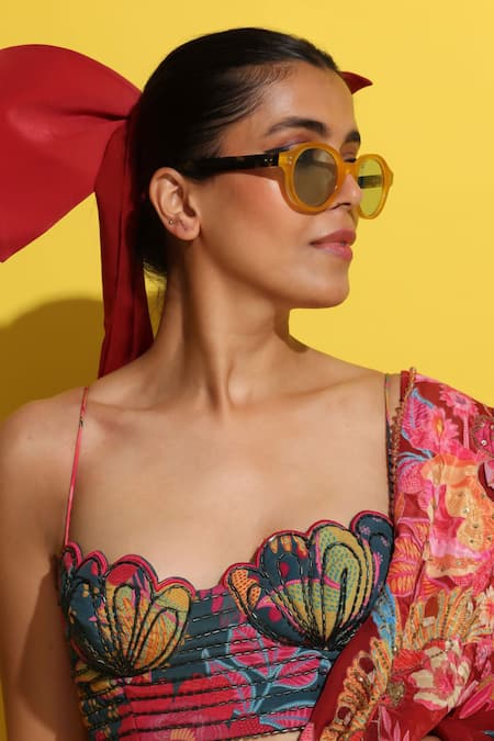 Rishi and Vibhuti_Red Crepe, Organza Sequins, Cut Crimson Rosette Embellished Pre-draped Saree _at_Aza_Fashions