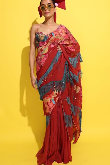 Buy_Rishi and Vibhuti_Red Crepe, Organza Sequins, Cut Crimson Rosette Embellished Pre-draped Saree 