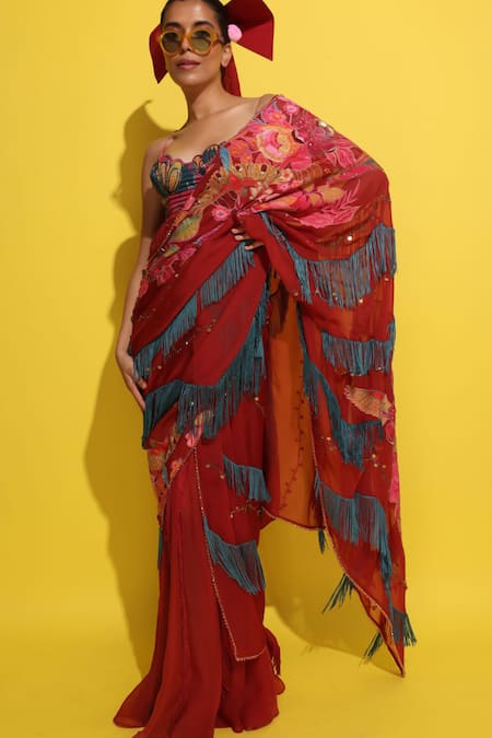 Shop_Rishi and Vibhuti_Red Crepe, Organza Sequins, Cut Crimson Rosette Embellished Pre-draped Saree 