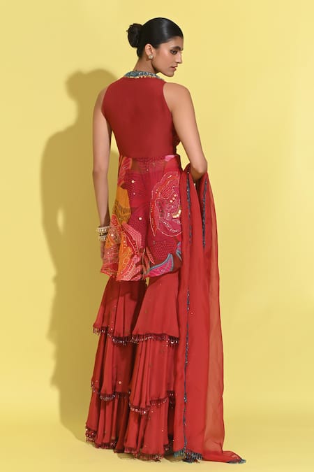 Rishi and Vibhuti Crimson Rosette Print Jacket Gharara Set 