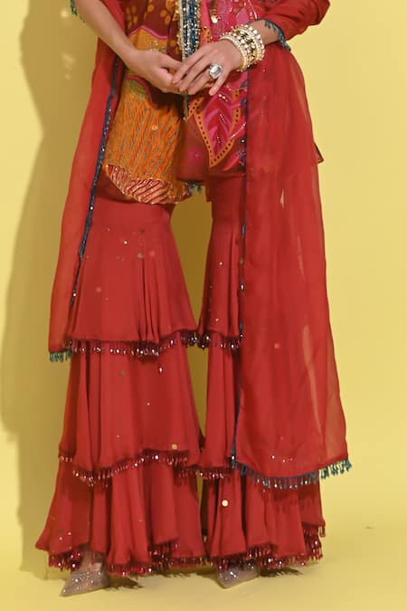 Rishi and Vibhuti_Red Crepe Embroidery, Sequins, Crystals Crimson Rosette Print Jacket Gharara Set _Online_at_Aza_Fashions