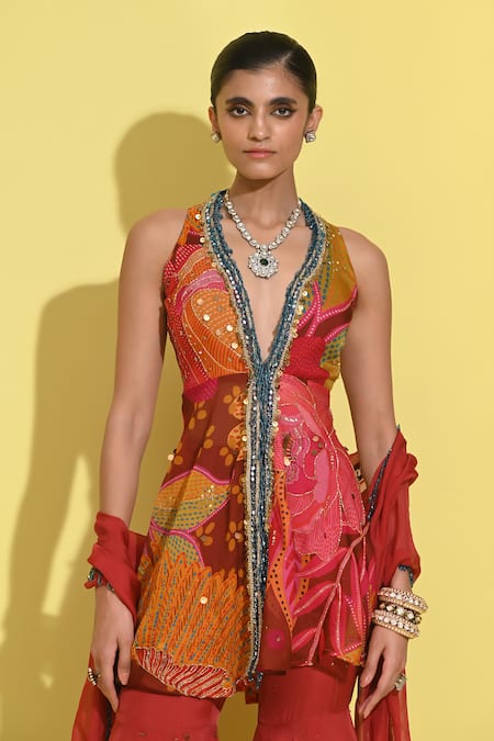 Buy_Rishi and Vibhuti_Red Crepe Embroidery, Sequins, Crystals Crimson Rosette Print Jacket Gharara Set _Online_at_Aza_Fashions