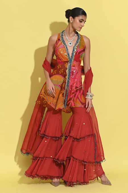 Shop_Rishi and Vibhuti_Red Crepe Embroidery, Sequins, Crystals Crimson Rosette Print Jacket Gharara Set _Online_at_Aza_Fashions