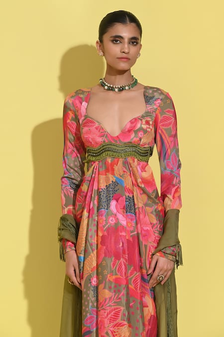 Rishi and Vibhuti_Green Crepe Beads, Fringe Sweetheart Neck Radiant Twist Print Dress And Dupatta _Online_at_Aza_Fashions