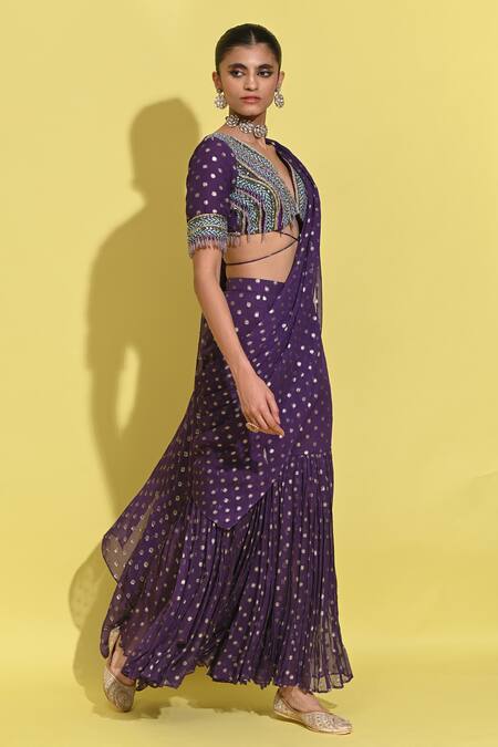 Rishi and Vibhuti_Purple Georgette, Lurex Beads, Polka Dot Pre-draped Sharara Pant Saree _Online_at_Aza_Fashions