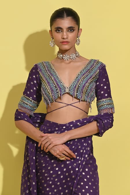 Buy_Rishi and Vibhuti_Purple Georgette, Lurex Beads, Polka Dot Pre-draped Sharara Pant Saree _Online_at_Aza_Fashions