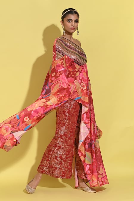 Rishi and Vibhuti_Red Crepe Crimson Abstract Rosette Garden Cape Set _Online_at_Aza_Fashions
