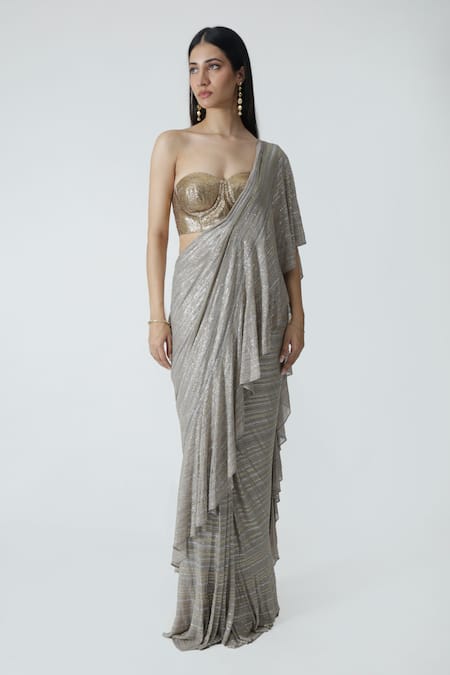 Chhaya Mehrotra_Gold Silk Satin, Silk, Georgette Embellished Pre-draped Ruffle Saree And Bustier _Online_at_Aza_Fashions