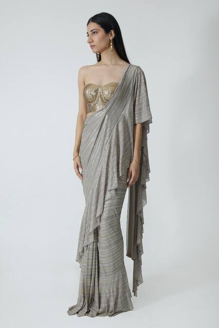 Buy_Chhaya Mehrotra_Gold Silk Satin, Silk, Georgette Embellished Pre-draped Ruffle Saree And Bustier _Online_at_Aza_Fashions
