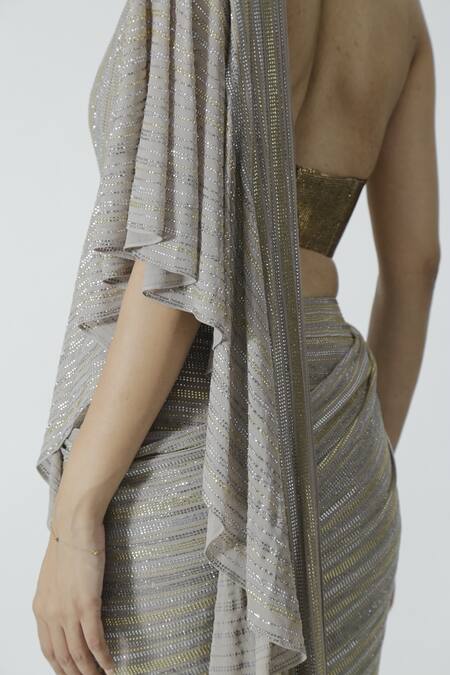 Buy_Chhaya Mehrotra_Gold Silk Satin, Silk, Georgette Embellished Pre-draped Ruffle Saree And Bustier 