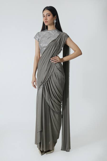 Chhaya Mehrotra_Gray Silk Satin, Lycra Rhinestones, Shimmer Pre-draped Layered Saree And Blouse _Online_at_Aza_Fashions