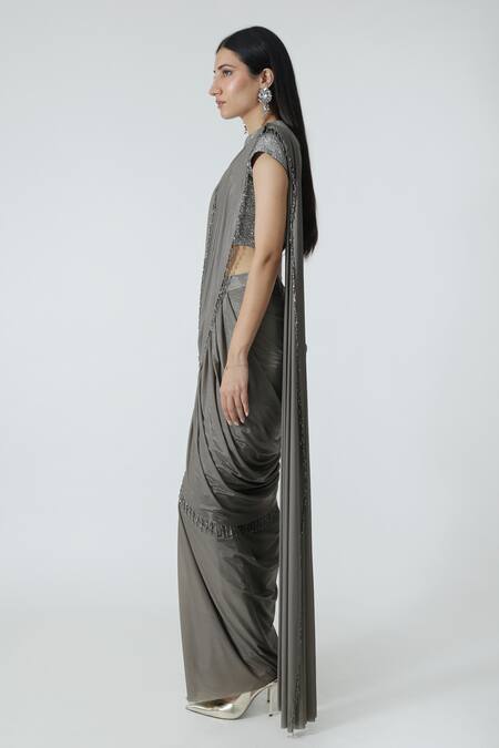 Buy_Chhaya Mehrotra_Gray Silk Satin, Lycra Rhinestones, Shimmer Pre-draped Layered Saree And Blouse _Online_at_Aza_Fashions