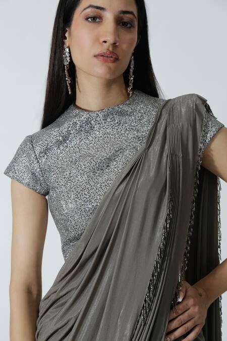 Shop_Chhaya Mehrotra_Gray Silk Satin, Lycra Rhinestones, Shimmer Pre-draped Layered Saree And Blouse _Online_at_Aza_Fashions