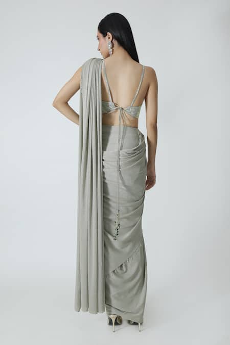 Shop_Chhaya Mehrotra_Silver Silk Satin, Lycra Rhinestones, Star Shimmer Pre-draped Saree And Bralette _at_Aza_Fashions