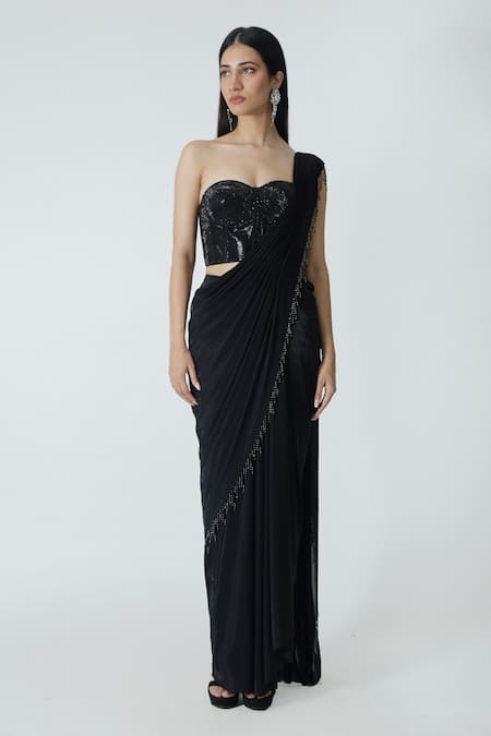 Chhaya Mehrotra_Black Silk Satin, Lycra Rhinestones, Beads Embellished Pre-draped Saree Set _Online_at_Aza_Fashions