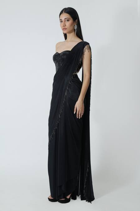 Buy_Chhaya Mehrotra_Black Silk Satin, Lycra Rhinestones, Beads Embellished Pre-draped Saree Set _Online_at_Aza_Fashions