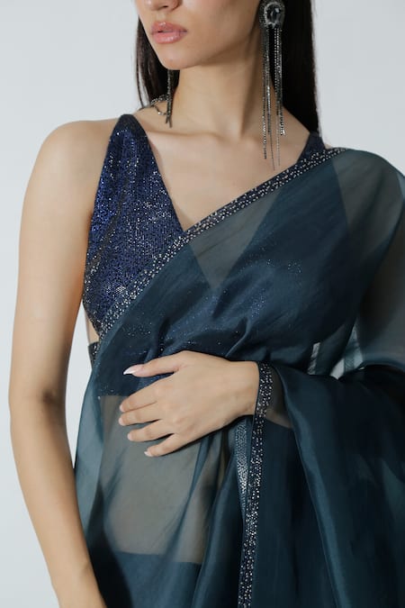 Chhaya Mehrotra_Blue Silk Satin, Organza Rhinestones, Beads Embellished Saree With Bralette _Online_at_Aza_Fashions
