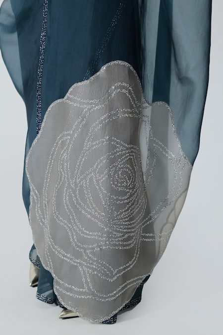 Buy_Chhaya Mehrotra_Blue Silk Satin, Organza Rhinestones, Beads Embellished Saree With Bralette _Online_at_Aza_Fashions