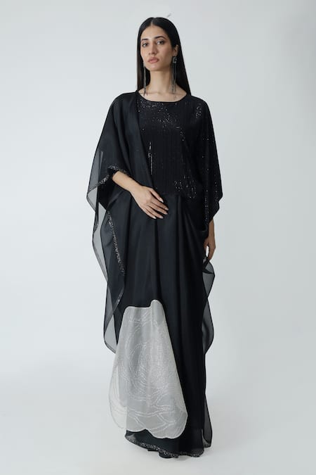 Chhaya Mehrotra Black Silk Satin, Organza Rhinestones, Applique Pallu Saree And Kaftan Blouse 