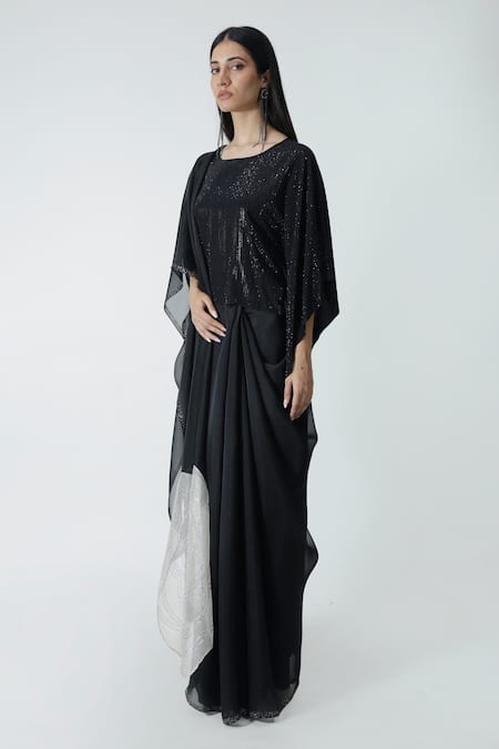 Chhaya Mehrotra_Black Silk Satin, Organza Rhinestones, Applique Pallu Saree And Kaftan Blouse _Online_at_Aza_Fashions