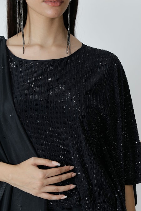 Buy_Chhaya Mehrotra_Black Silk Satin, Organza Rhinestones, Applique Pallu Saree And Kaftan Blouse _Online_at_Aza_Fashions