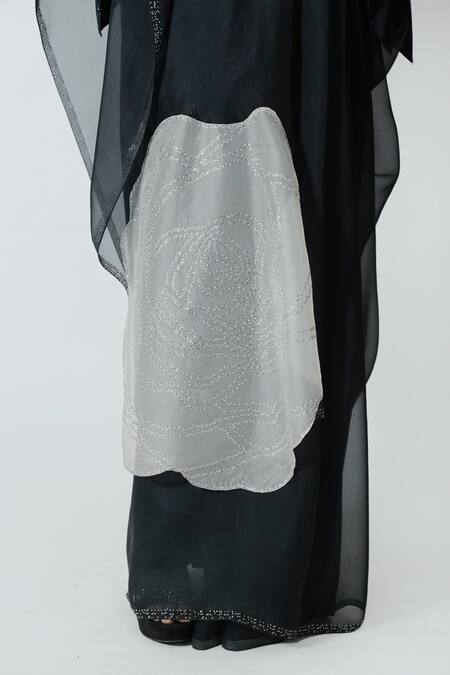 Shop_Chhaya Mehrotra_Black Silk Satin, Organza Rhinestones, Applique Pallu Saree And Kaftan Blouse _Online_at_Aza_Fashions