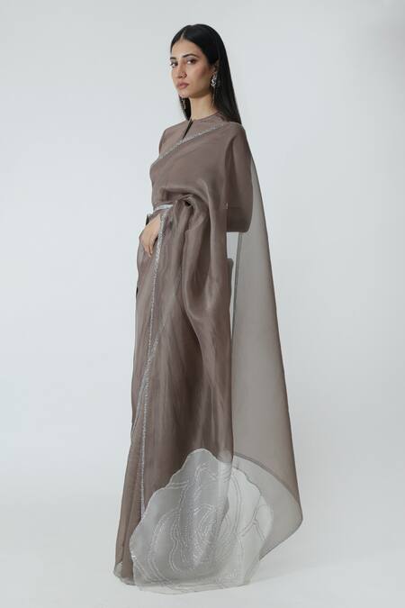 Chhaya Mehrotra_Brown Organza, Silk Satin Rhinestones, Beads Rose Applique Embellished Saree Set _Online_at_Aza_Fashions