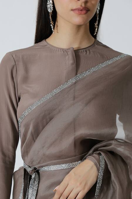 Buy_Chhaya Mehrotra_Brown Organza, Silk Satin Rhinestones, Beads Rose Applique Embellished Saree Set _Online_at_Aza_Fashions