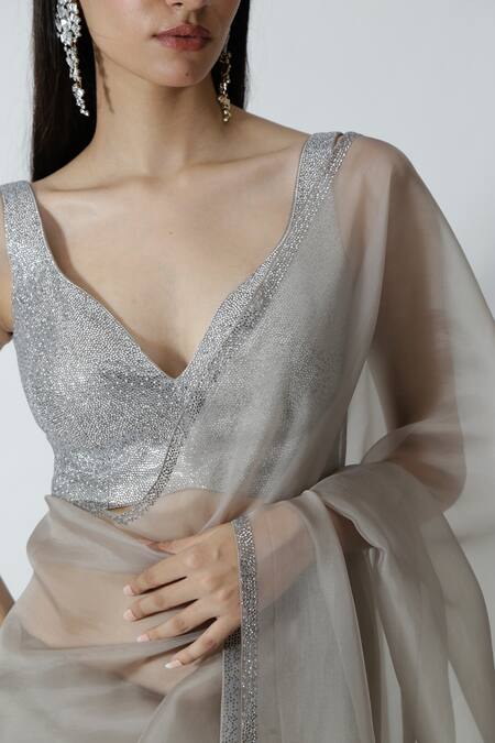 Buy_Chhaya Mehrotra_Silver Silk Satin, Organza Rhinestones, Embellished Grey Saree With Blouse _Online_at_Aza_Fashions