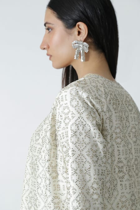 Chhaya Mehrotra_Ivory Brocade, Chanderi Rhinestones Plunge Neck, Embellished Jacket Pant Set _Online_at_Aza_Fashions