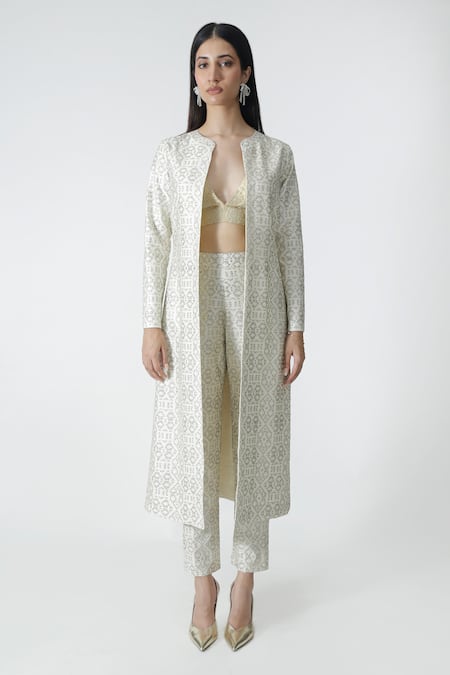 Buy_Chhaya Mehrotra_Ivory Brocade, Chanderi Rhinestones Plunge Neck, Embellished Jacket Pant Set _Online_at_Aza_Fashions
