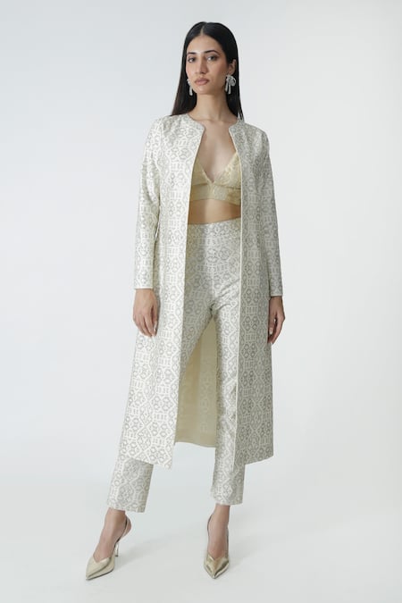 Shop_Chhaya Mehrotra_Ivory Brocade, Chanderi Rhinestones Plunge Neck, Embellished Jacket Pant Set _Online_at_Aza_Fashions