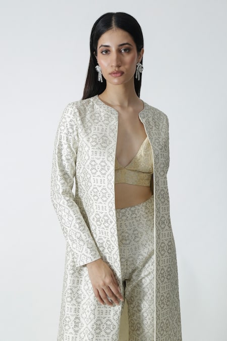 Buy_Chhaya Mehrotra_Ivory Brocade, Chanderi Rhinestones Plunge Neck, Embellished Jacket Pant Set 