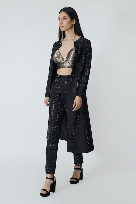 Buy_Chhaya Mehrotra_Black Chanderi, Brocade Rhinestones Collared, Plunge Embellished Jacket Pant Set _Online_at_Aza_Fashions