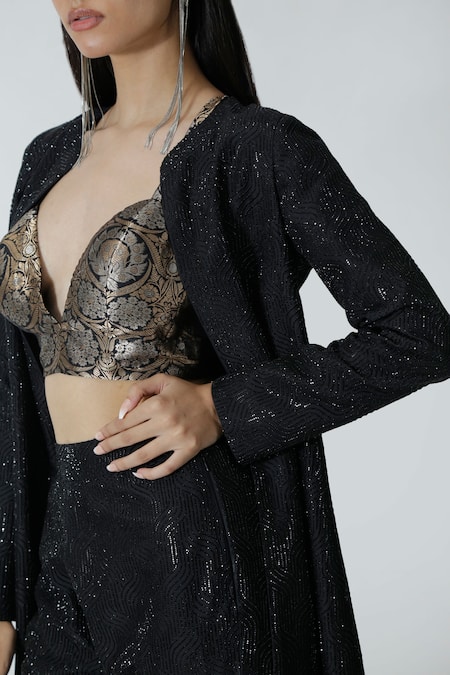 Shop_Chhaya Mehrotra_Black Chanderi, Brocade Rhinestones Collared, Plunge Embellished Jacket Pant Set _Online_at_Aza_Fashions