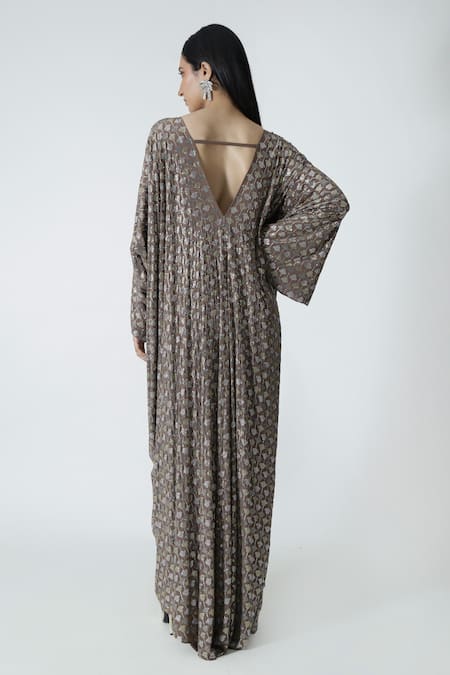 Shop_Chhaya Mehrotra_Brown Silk, Crepe Rhinestones V-neck Cement Embellished Kaftan _at_Aza_Fashions