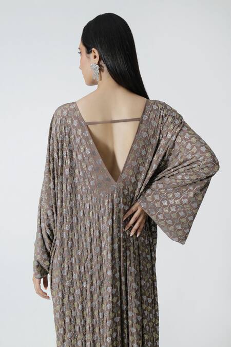 Chhaya Mehrotra_Brown Silk, Crepe Rhinestones V-neck Cement Embellished Kaftan _Online_at_Aza_Fashions