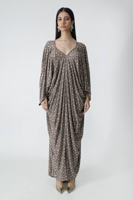 Buy_Chhaya Mehrotra_Brown Silk, Crepe Rhinestones V-neck Cement Embellished Kaftan _Online_at_Aza_Fashions
