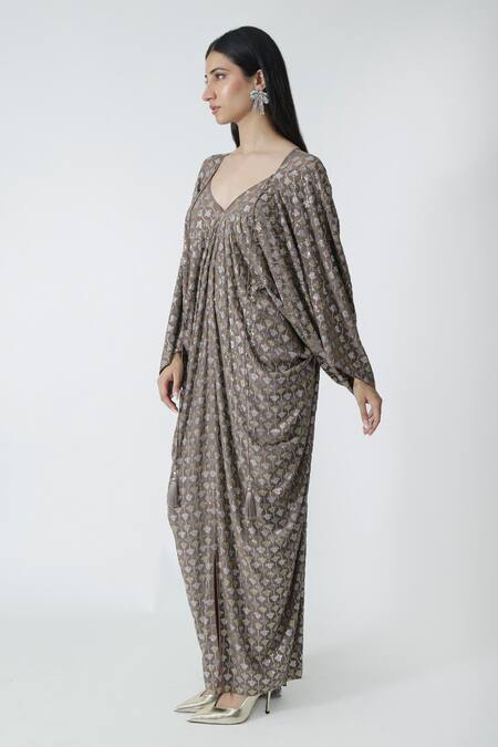 Shop_Chhaya Mehrotra_Brown Silk, Crepe Rhinestones V-neck Cement Embellished Kaftan _Online_at_Aza_Fashions