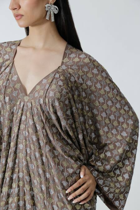Chhaya Mehrotra_Brown Silk, Crepe Rhinestones V-neck Cement Embellished Kaftan _at_Aza_Fashions